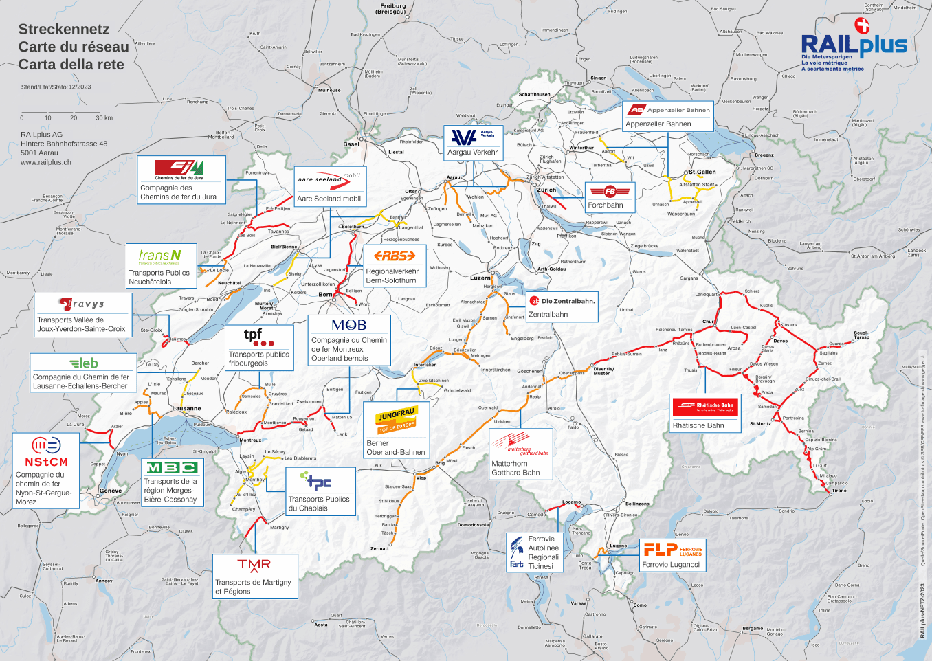 Karte der RAILplus-Mitglieder Karte der Schweiz mit den RAILplus-Mitgliedern.